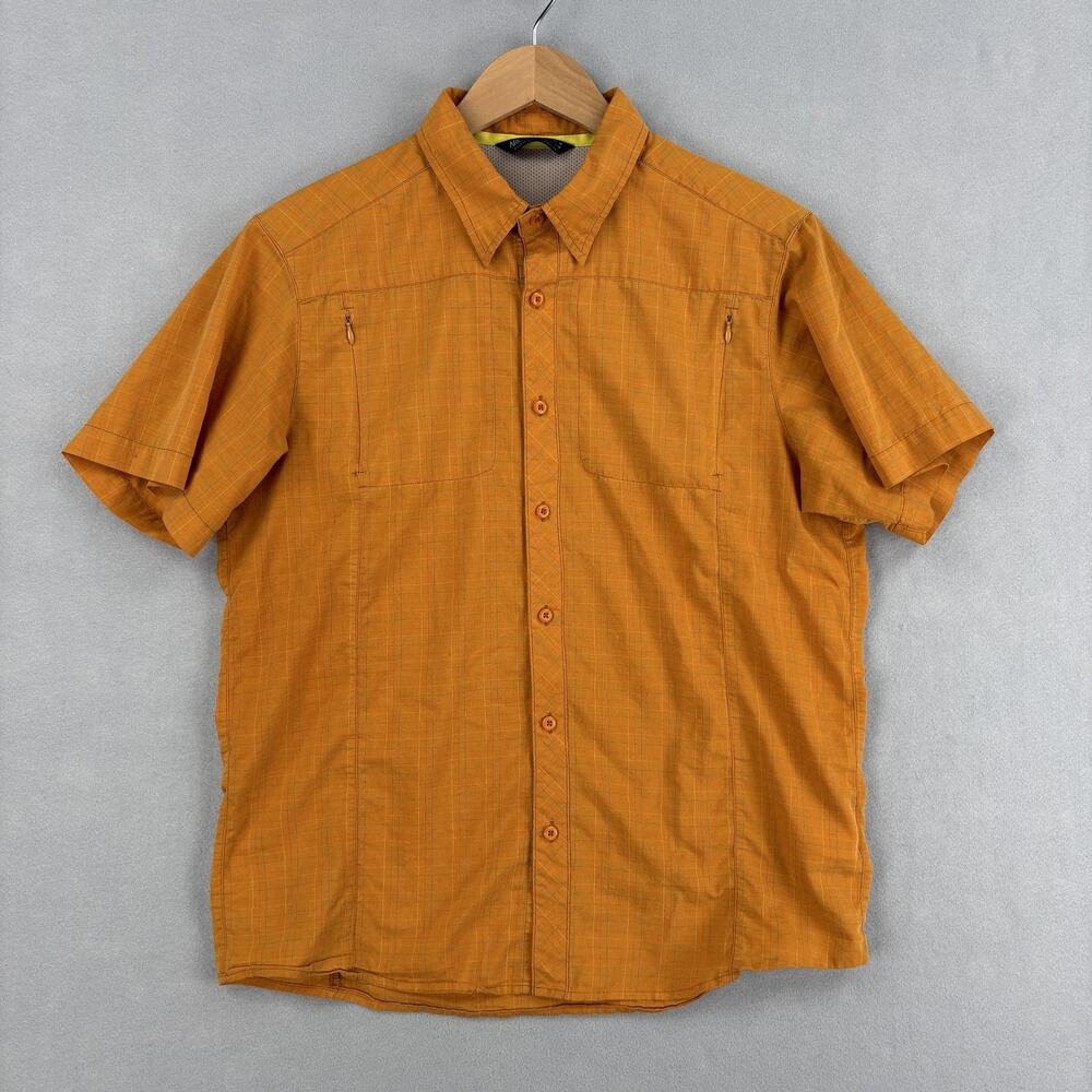 Arc'teryx Shirt Mens Medium Orange Plaid Short Sleeve Button Up Hiking Outdoor